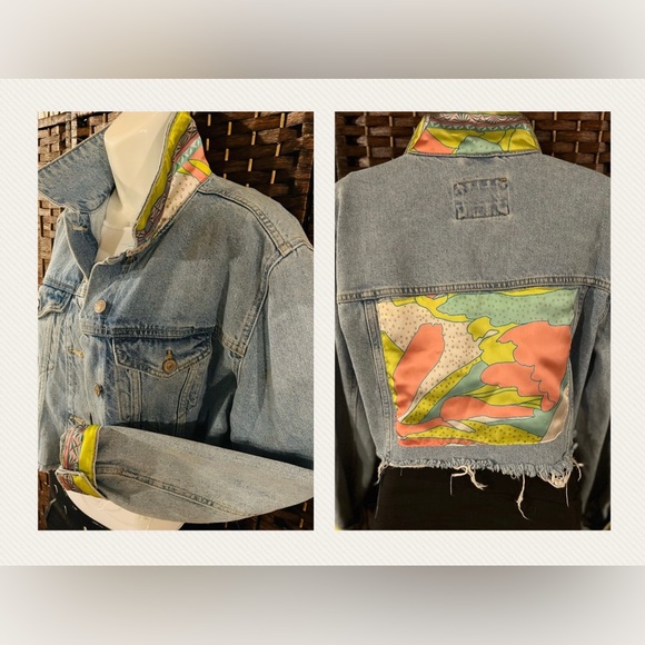 Forever 21 cropped denim jacket embellished with a beautiful silk scarf. - Picture 3 of 3